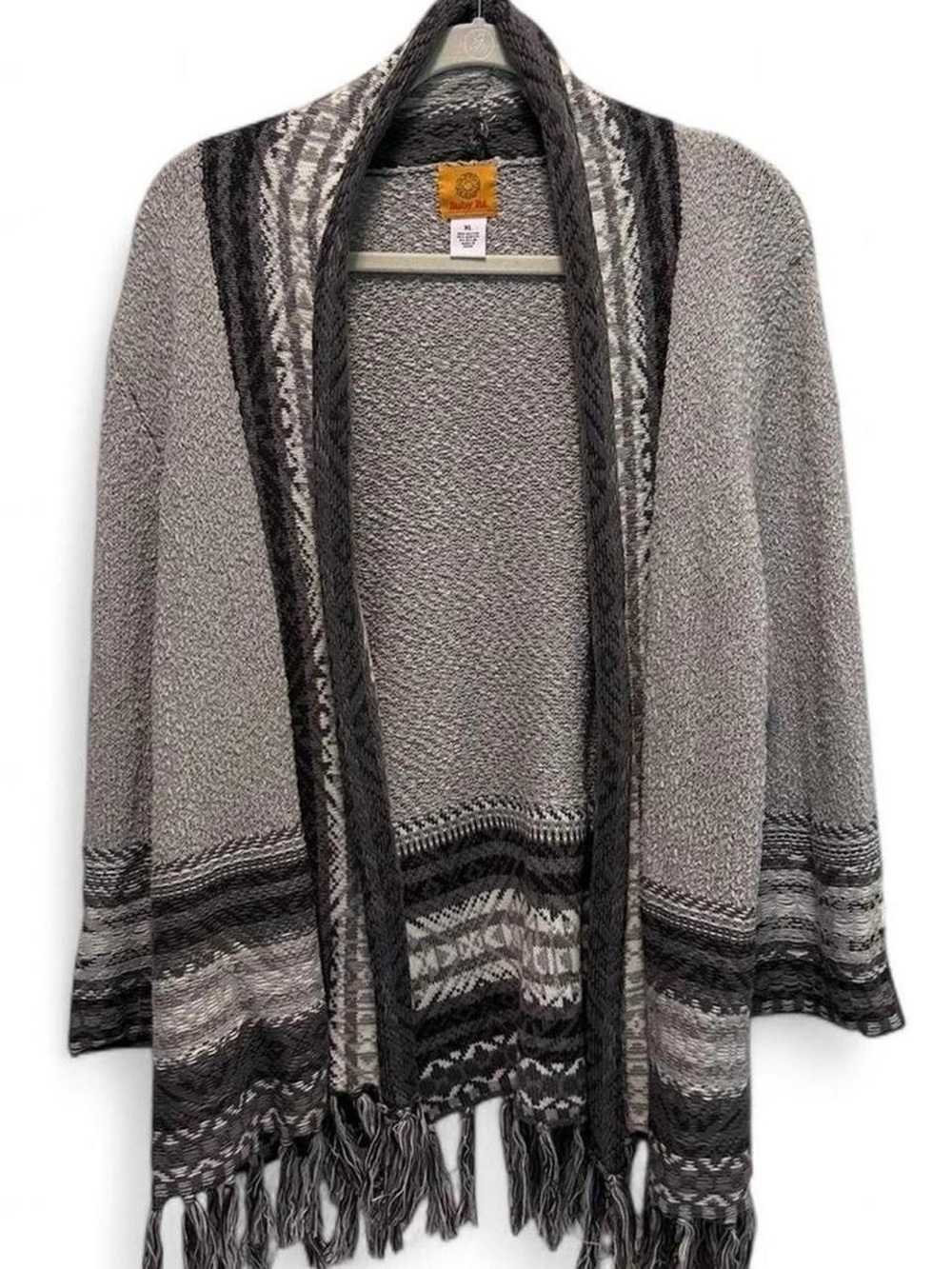 Ruby Rd. gray/black open front fringe cardigan